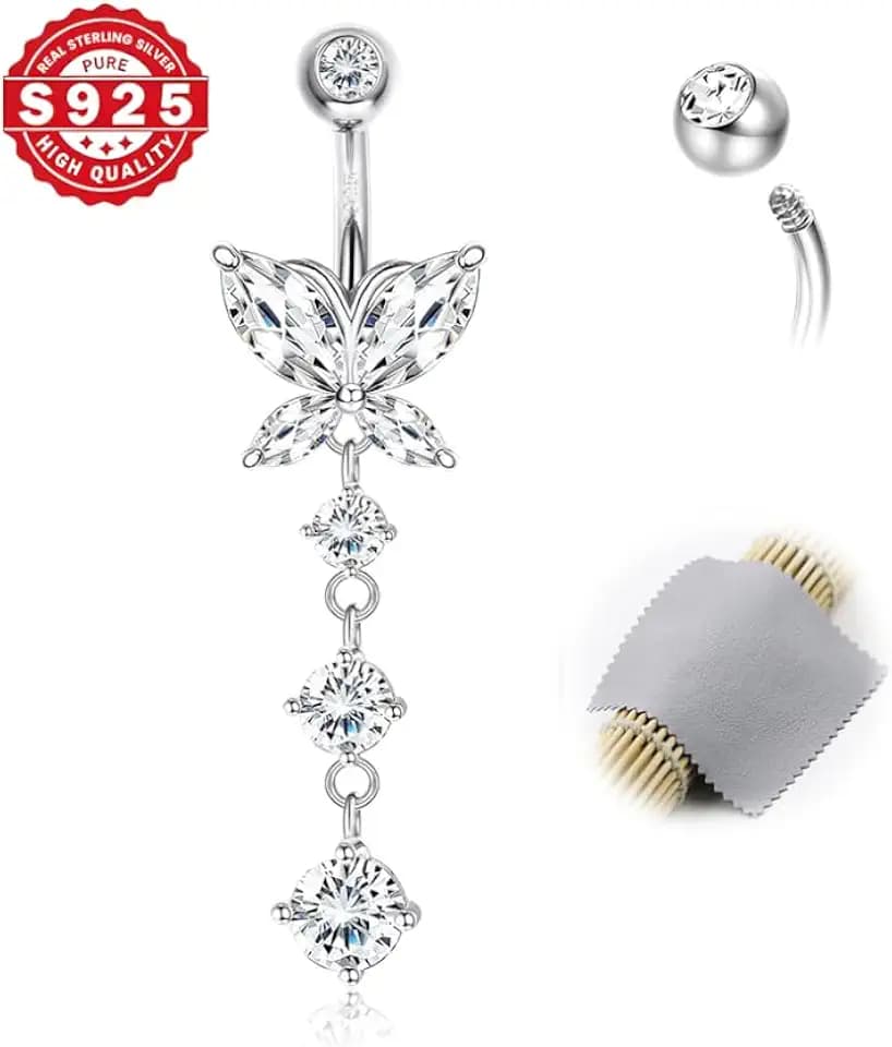 DJCIW Solid S925 Sterling Silver Butterfly Belly Button Ring for Women,14G Barbell Navel Piercing Jewelry,8mm 10mm 12mm Bar Lengths,Dangle Butterfly Charm Belly Piercing Jewelry Gift