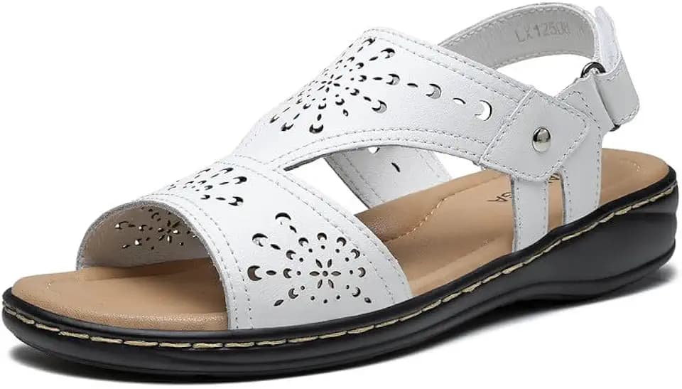 Womens Flat Sandals Orthopedic Dressy Leather Sandals Comfort Walking Open Toe Slip on Shoes with Arch Support for Summer Beach Pool Hiking Vacation Camping Travel Office Shopping Dating Sport