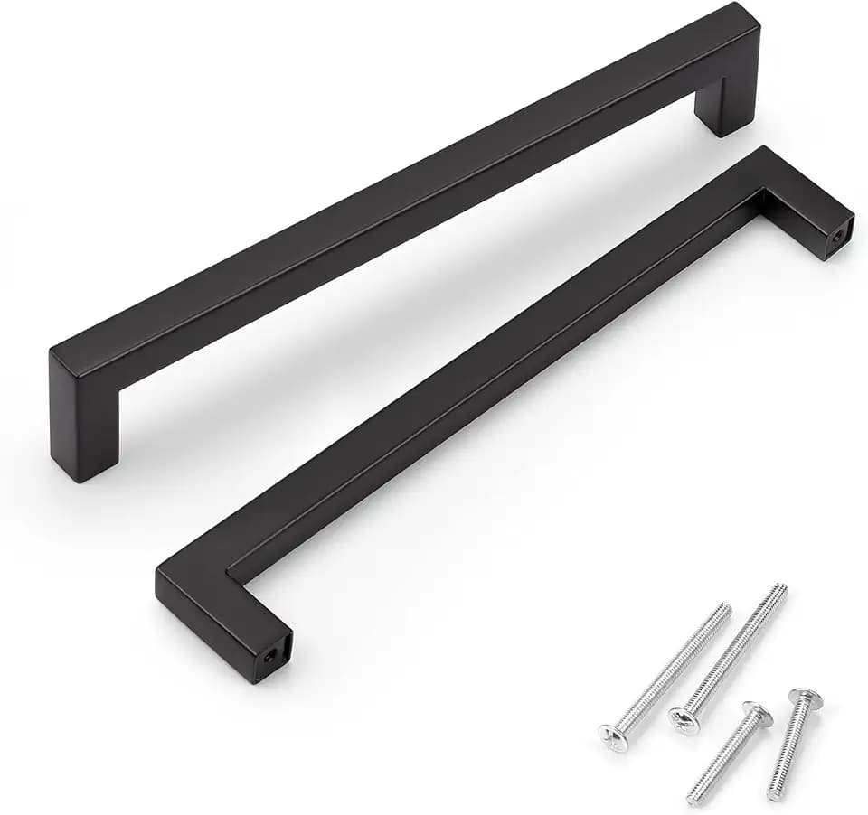 KNOBWELL Black Cabinet Handles 192mm, Stainless Steel Kitchen Cupboard Door Handles, Euro Style Square Kitchen Drawer Pulls - Hole Centers 7-9/16", Overall Length 8", 50 Pack