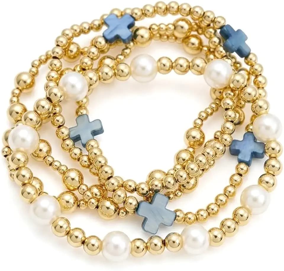 Gold Beaded Bow Heart Paperclip Pearl Stack Bracelet Set for Women, 4Pcs Handmade Golden Beads Pearls Stretch Stackable Bracelets Party Jewelry Accessories Gift