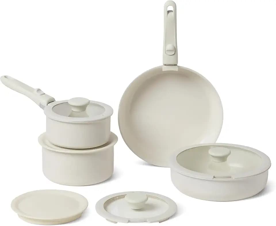 Amazon Basics 11-Teiliges Topfset mit Abnehmbaren Griffen, Stapelbares Keramik-Pfannenset für Alle Herdarten, Ofenfest bis 232°C, Spülmaschinenfest
