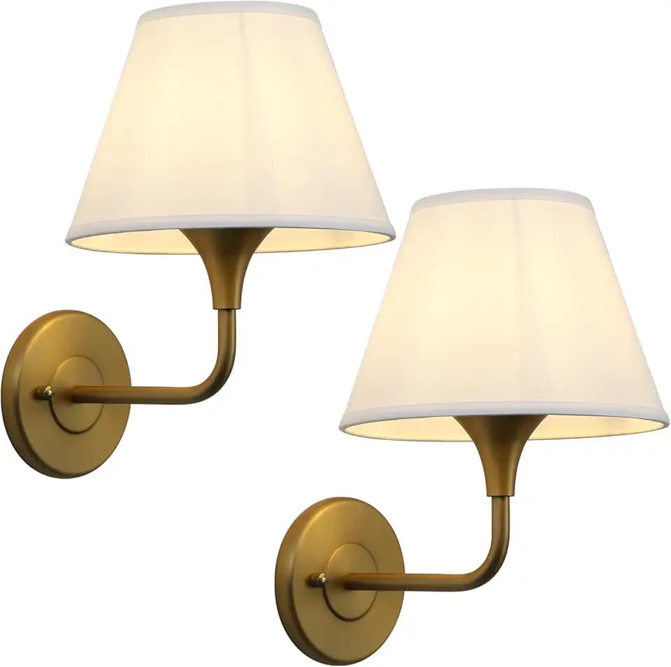 PERMO Wall Sconces Set of 2 Traditional Gold Sconce with 6.3" High Linen Lampshade Hardwired Set of Two Wall Light for Living Room Bedroom Hallway Bathroom Stairs Kitchen