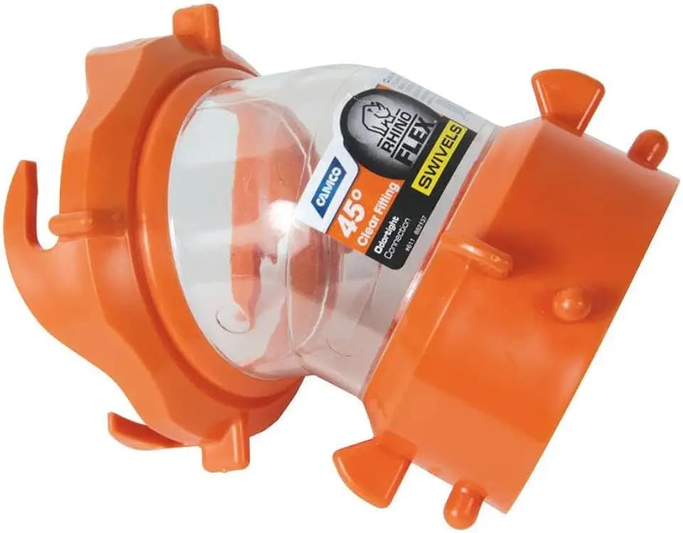 Camco RhinoFLEX Clear 45-Degree Camper/RV Sewer Hose Swivel Fitting - Features a Swivel Lug Fitting & a 4-Prong Bayonet Fitting - Made of Heavy-Duty Resin (39847)