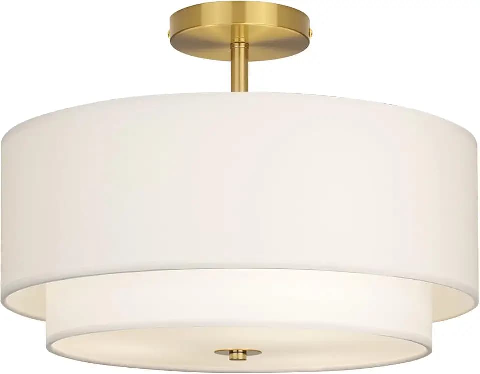 CALOKES 16" Dual Drum Gold 3-Light Semi Flush Mount Ceiling Light, Classic White Fabric Linen Shade Design for Living Room, Bedroom, Kitchen, Dining Room, Hallway and Entryway