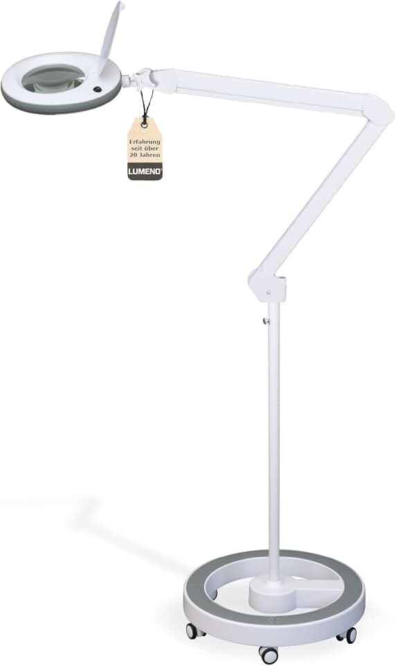 Lumeno LED Lupenleuchte 7218GR Lupenlampe mit 127 mm Echtglaslinse, Arbeitsplatzlampe, Kosmetiklampe, geeignet für Kosmetik, Bastler, Lesehilfe Vergrößerungslampe, 8 Dioptrien Grau mit Rollstativ