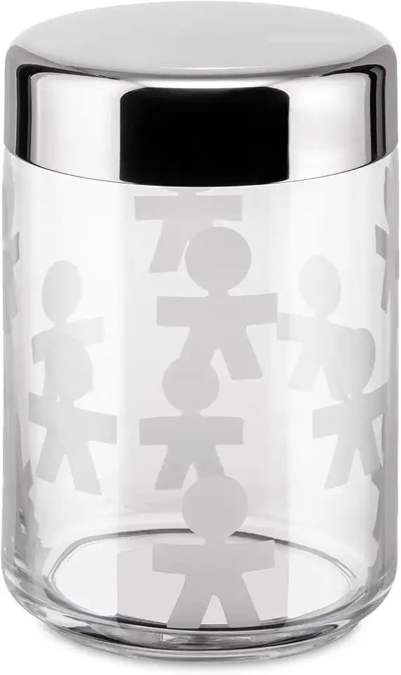 Alessi AKK37 GIROTONDO Küchendose aus Glas mit Aufdruck und abgedichtetem Deckel aus Edelstahl, B 21,6cm, H 10,5cm