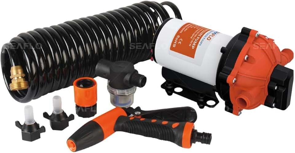 SEAFLO 55-Series Washdown Pump Kit - 12V DC, 5.5 GPM, 70 PSI, Self-Priming, Coiled Hose, Spray Nozzle, High Flow for RV, Boat, Off-Grid, Freshwater, and Saltwater Applications 4-Year Warranty