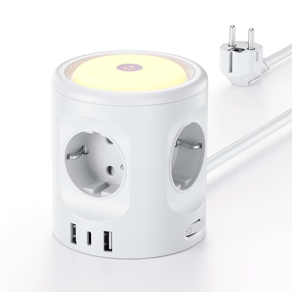 7 in 1 Steckdosenwürfel mit 3 USB,3680W Mehrfachsteckdose Mit Schalter, 4 Fach Steckdosenleiste mit Licht, Mehrfachstecker Überspannungsschutz USB Stecker Würfel Verlängerungskabel 2M für Büro,Weiß