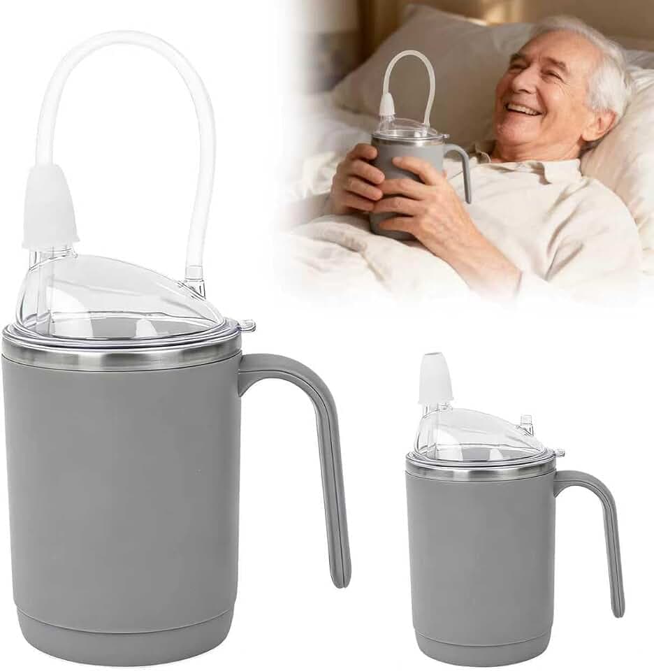 Adult Sippy Cup for Elderly, 15 oz Cup with Handle, Lid and Straw, Gray