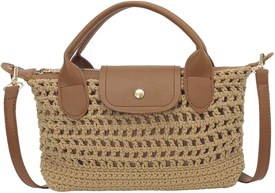 Mini Crochet Crossbody Bags for Women Summer Beach Handbag Woven Tote Purse with Leather Top Handle Khaki
