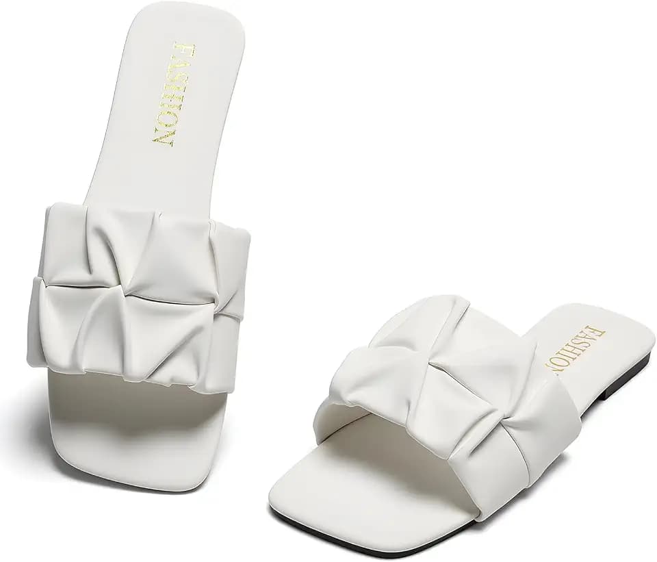 Women's Pleated Square Toe Slide Sandals, Trendy Wedding & Summer Flat Sandals