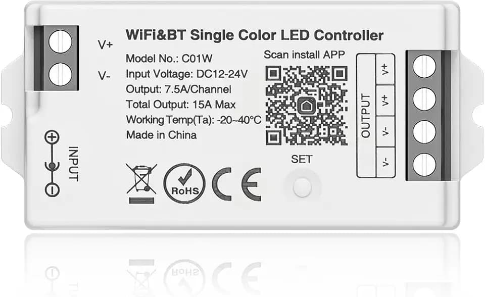 BTF-LIGHTING C01W WiFi Controller for 2pin Single Color (+V -V) LED Strip