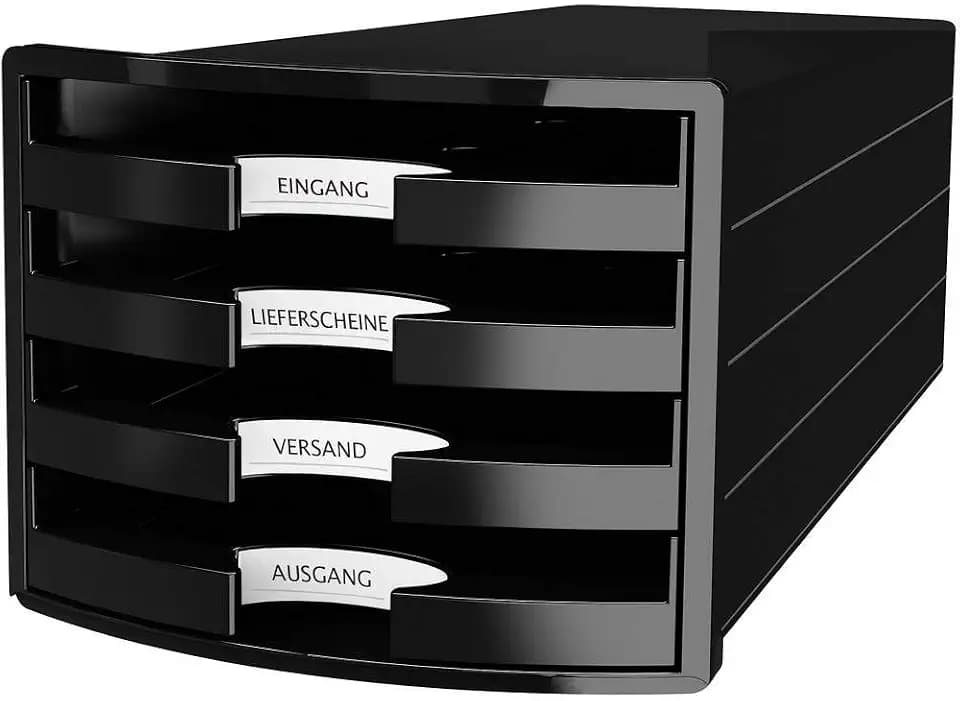 HAN Schubladenbox IMPULS 2.0 mit 4 offenen Schubladen für DIN A4/C4 inkl. Beschriftungsschilder, Auszugsperre, möbelschonende Gummifüße, Design in premium Qualität, 1013-13, schwarz