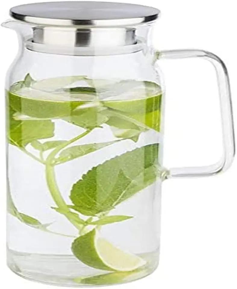 APS Glaskaraffe für Wasser und Limonade, Glasbehälter (Ø x H): 10 x 26 cm mit Edelstahldeckel und Doppelfunktion, Ausgießer mit integriertem Sieb, 1,5 Liter
