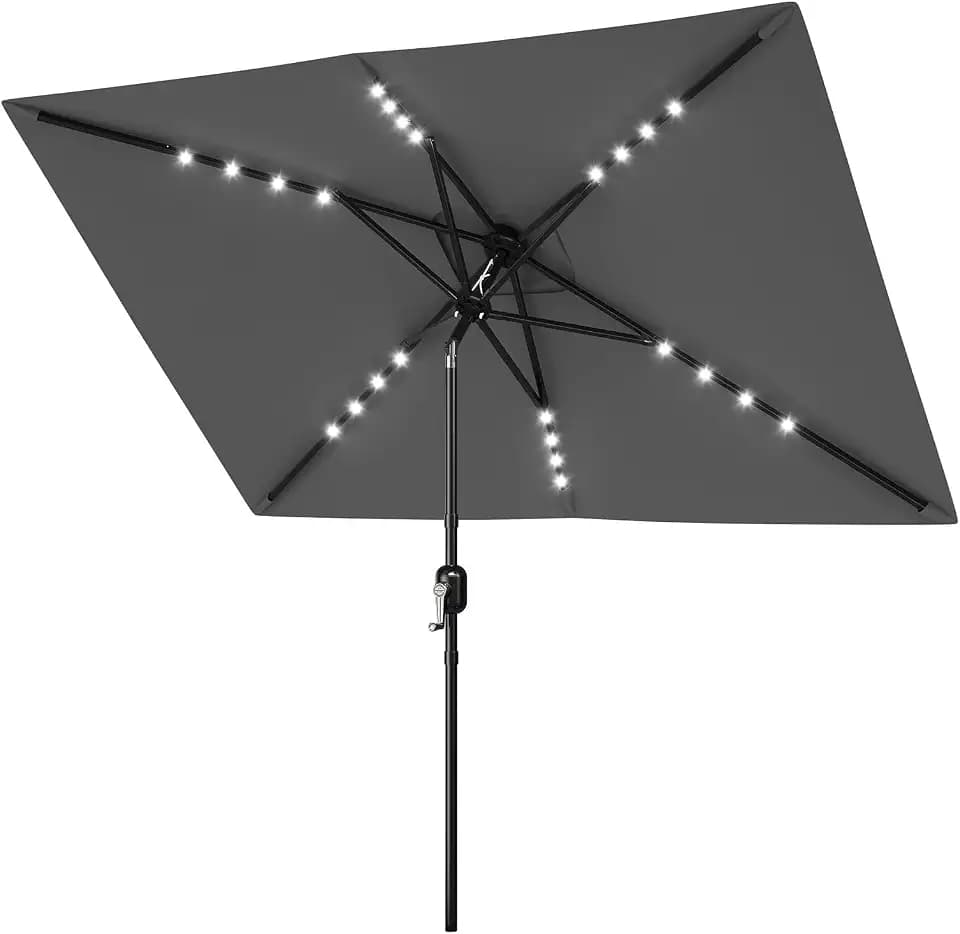 Garvee 10' x 6.5' Solar Rectangular Patio Umbrella with Lights, Outdoor Table Umbrella with Crank and Push Button Tilt, Market Umbrella with 6 Sturdy Ribs Tilt for Garden, Deck, Lawn, Pool