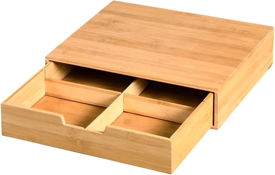 KESPER Tee- und Kaffeekapsel-Organizer aus Bambus, mit Schublade, 34 x 31 x 8 cm – Platzsparend & elegant, 58952, Natur Hell