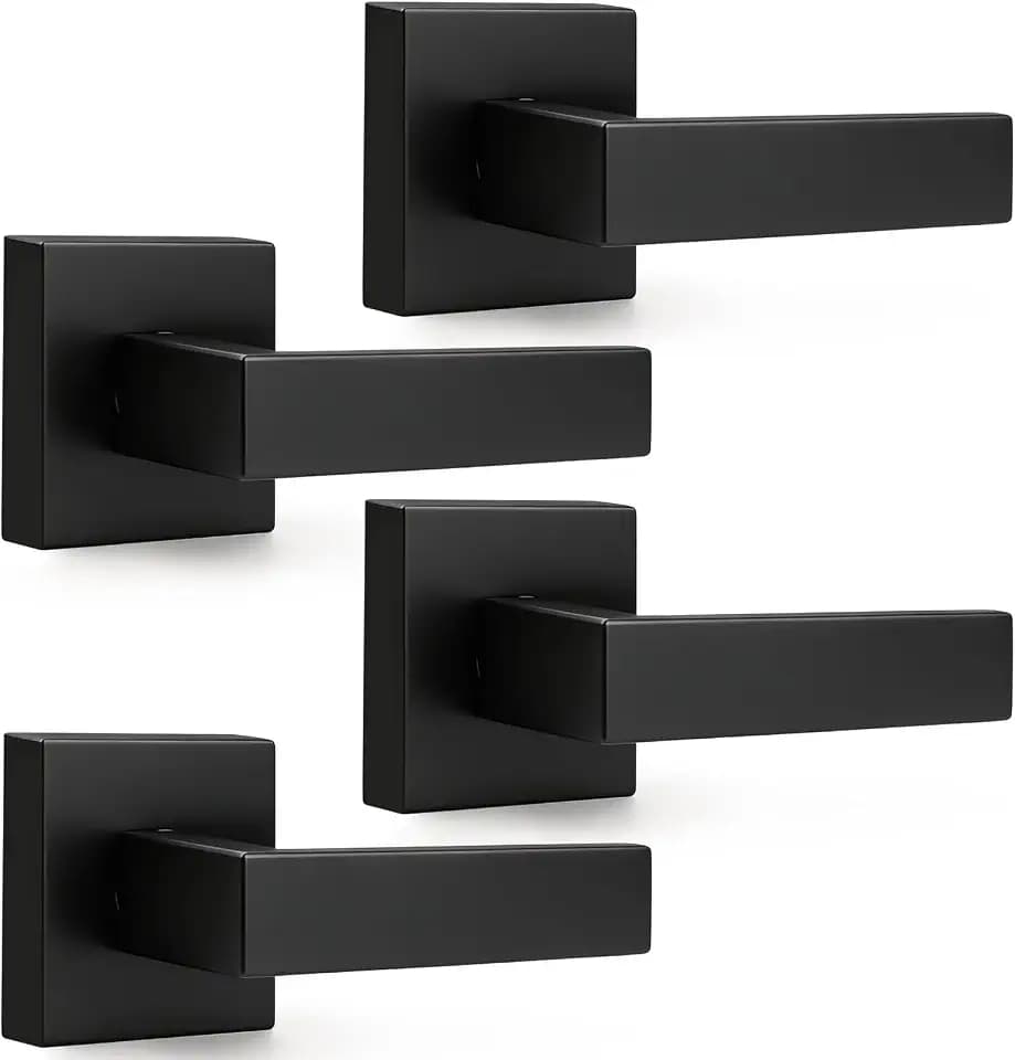 Probrico Matte Black Half Dummy Levers, Square Non-Turning Door Knobs for Left or Right Handed Doors, Interior Keyless Door Handle for Closet or Pantry (4 Pack, Single Side)