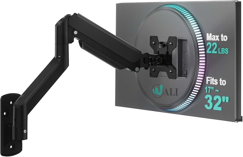 WALI Monitor‑Wandhalterung für 32 Zoll LED‑LCD‑Bildschirme bis 10 kg,Einzelarm‑Monitorhalterung, Höhenverstellbar,Neigbar,Schwenkbar,VESA 75x75/100x100 mm (GSWM001),Schwarz