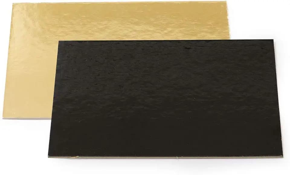 Decora, 0932591 Tortenunterlage aus Karton, mit Kunststoff überzogen, 3 mm dick, Ideal zum Präsentieren und Servieren von Desserts, Gold und Schwarz, Rechteckig 30 x 40 cm.