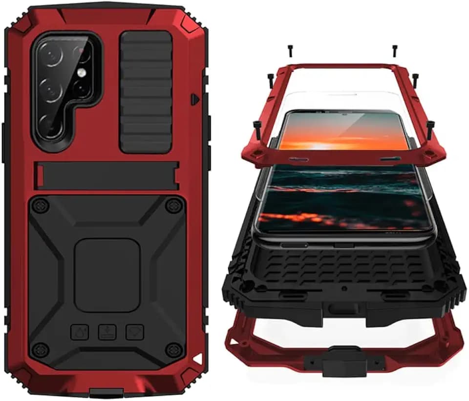 Simicoo Compatible with Samsung S23 Ultra Metal Military Case with Stand Screen Protector Camera Protection Rugged Heavy Duty Shockproof Full Body Cover Tough Dustproof for Men (Red)