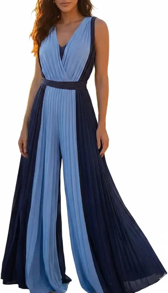 CHICME Women's Sleeveless Color-Blocked Pleated Jumpsuit