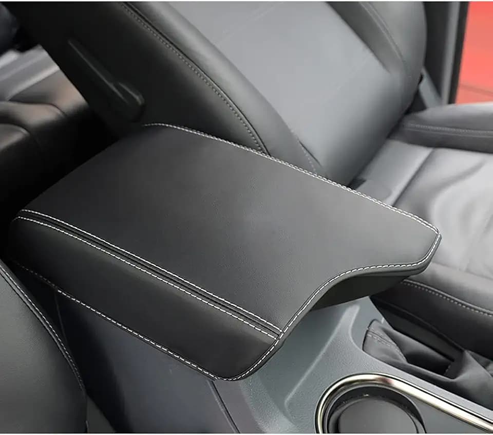 INTGET Center Console Armrest Cover for Ford Ranger Accessories 2019 2020 2021 2022 2023 Interior Leather Dog Middle Console Seat Cover Arm Rest Box Lid Protector(White Stitches)
