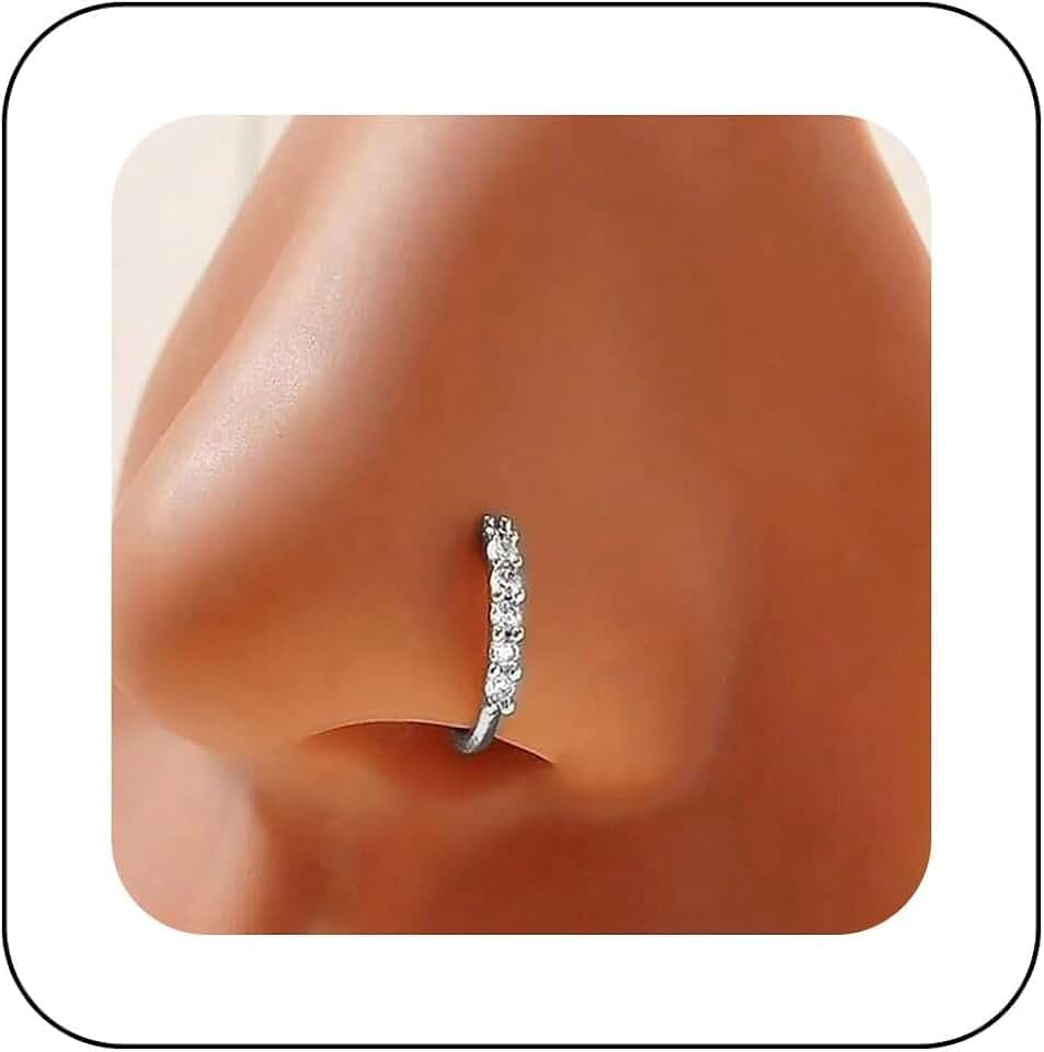 Andelaisi Boho Crystal Bar Clip On Nose Ring Vintage CZ Cuff Hoop Nose Ring Silver Bar Faux Clip On Nose Rings Rhinestone No Piercing Nose Rings Jewelry for Women