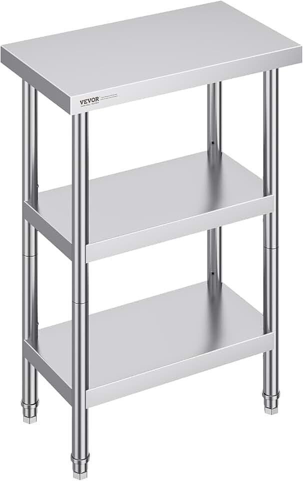 VEVOR Lebensmittel-Zubereitungstisch Edelstahl, Arbeitstisch für gewerbliche Küchen, mit 2 verstellbaren Unterregalen, 356 x 610 x 864 mm Zubereitungstisch aus Metall für Grill, Küche, Zuhause