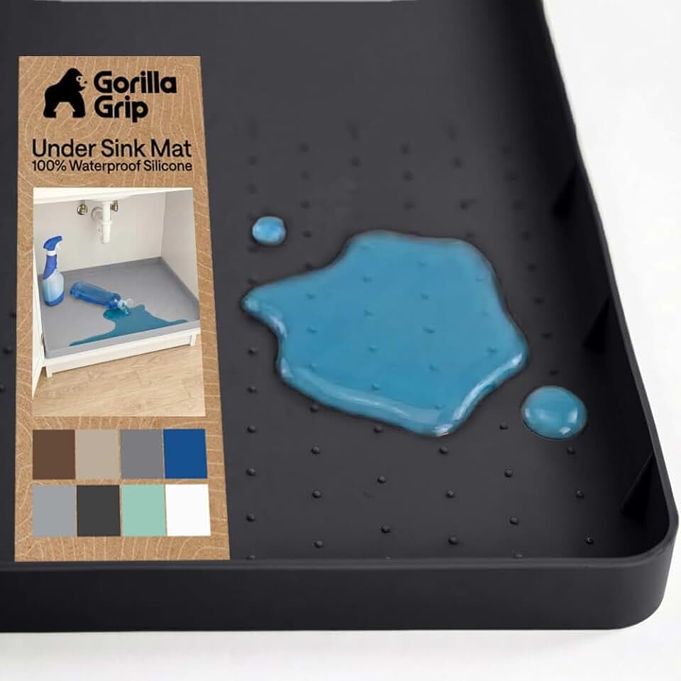 GORILLA GRIP Waterproof Silicone Under Sink Mat, Stay in Place, 15x22 Black