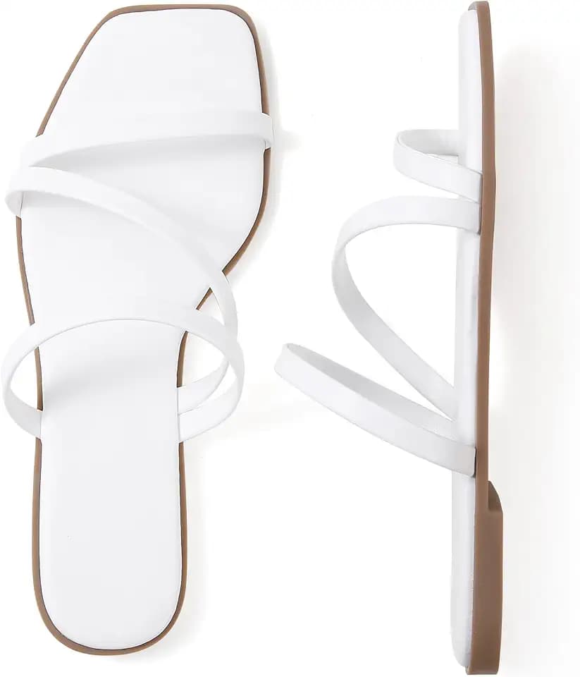 LACUONE Flat Sandals Women Square Open Toe Slides