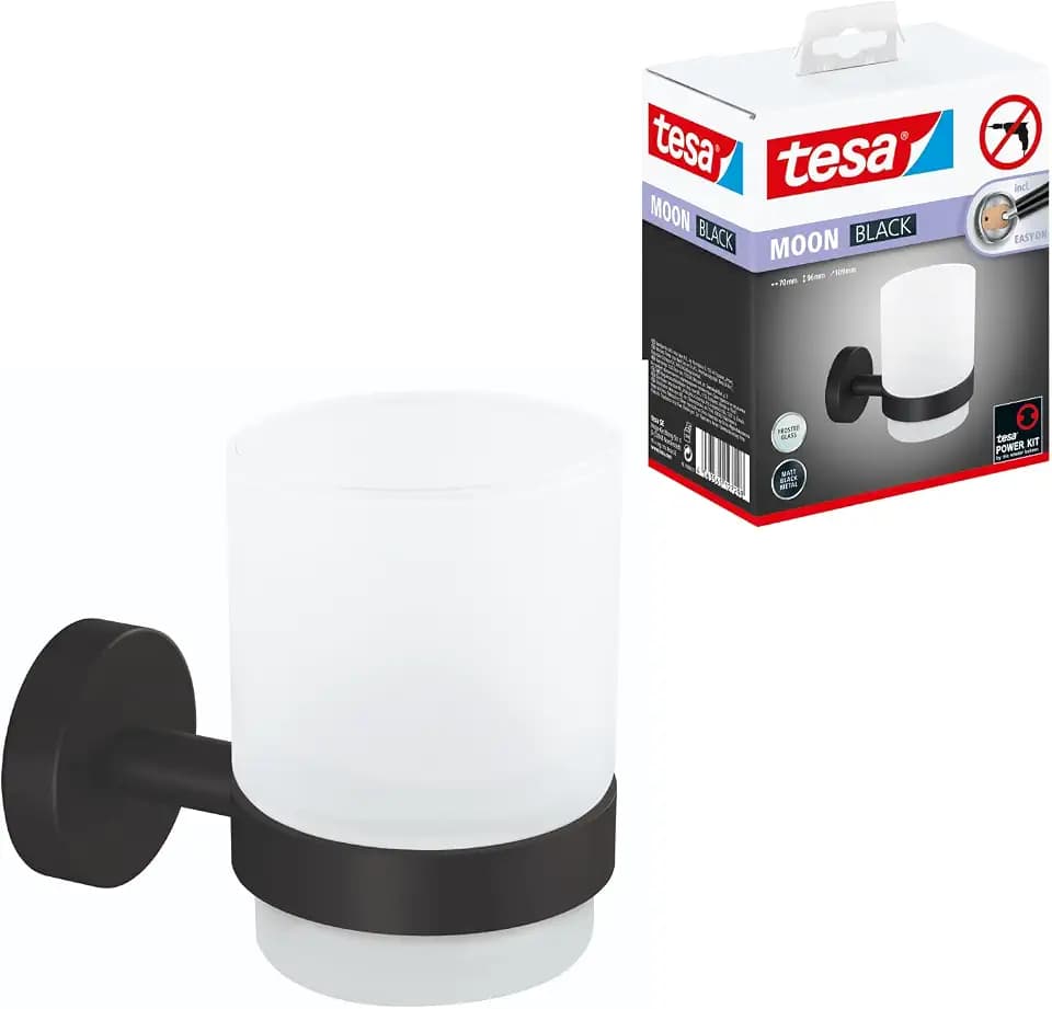 tesa Moon Black Zahnputzbecher mit Halterung - 70 mm x 96 mm x 109 mm