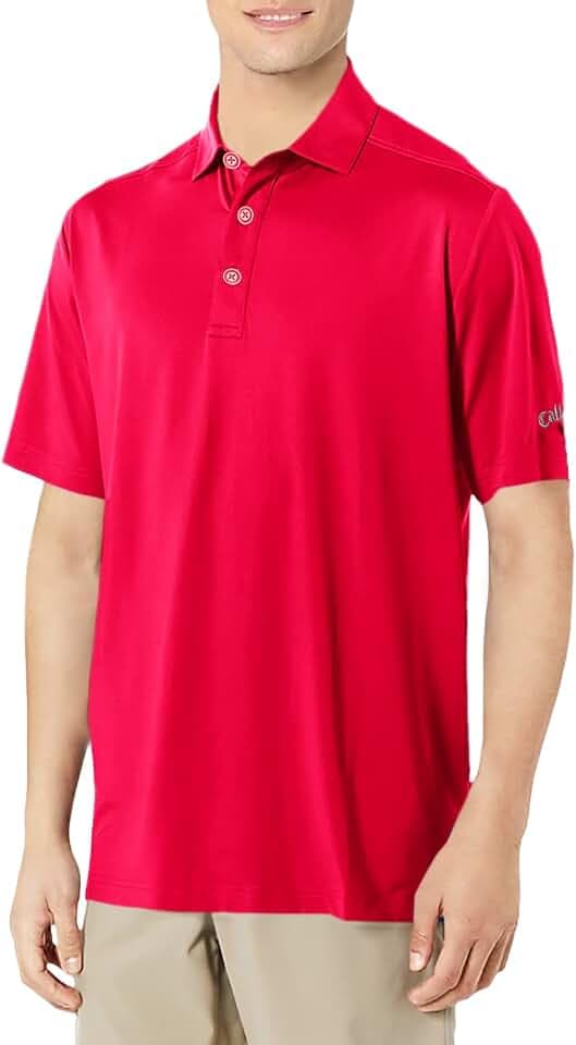 Callaway Men's Micro Hex Golf Performance Polo Shirt with Sun Protection, Solid Stretch Fabric, Tango Red, Small