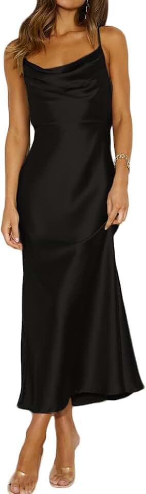 Mogidol Womens Summer Satin Cowl Neck Backless Midi Dress Wedding Guest