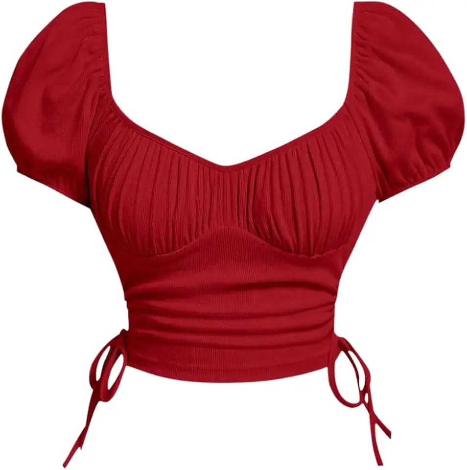 BEAUDRM Women's Ruched Crop T Shirt Puff Sleeve Drawstring Side Slim Tee Top