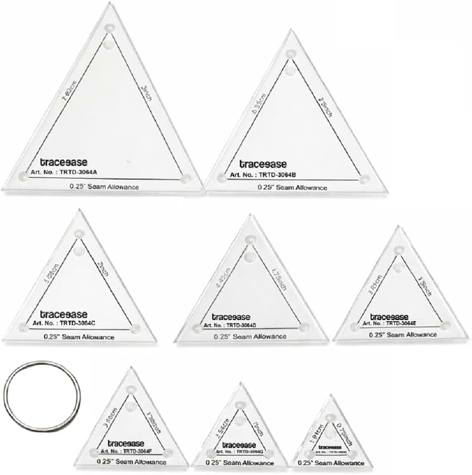 Traceease Triangle 4mm Quilting Templates Set, 8 Clear Acrylic Quilt Templates with 1/4 Inch Seam Allowance for Precise Fabric Cutting, Patchwork, Sewing and Machine Quilting, Sizes 3/4 Inch to 3 Inch