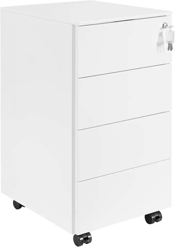 Rollcontainer mit Schubladen, Mobiler Aktenschrank unter Schreibtisch, Abschließbarer Büroschrank, Druckertisch, 4 Schubladen 4 Schlüssel, Vormontiert, Büro, Homeoffice, Weiß