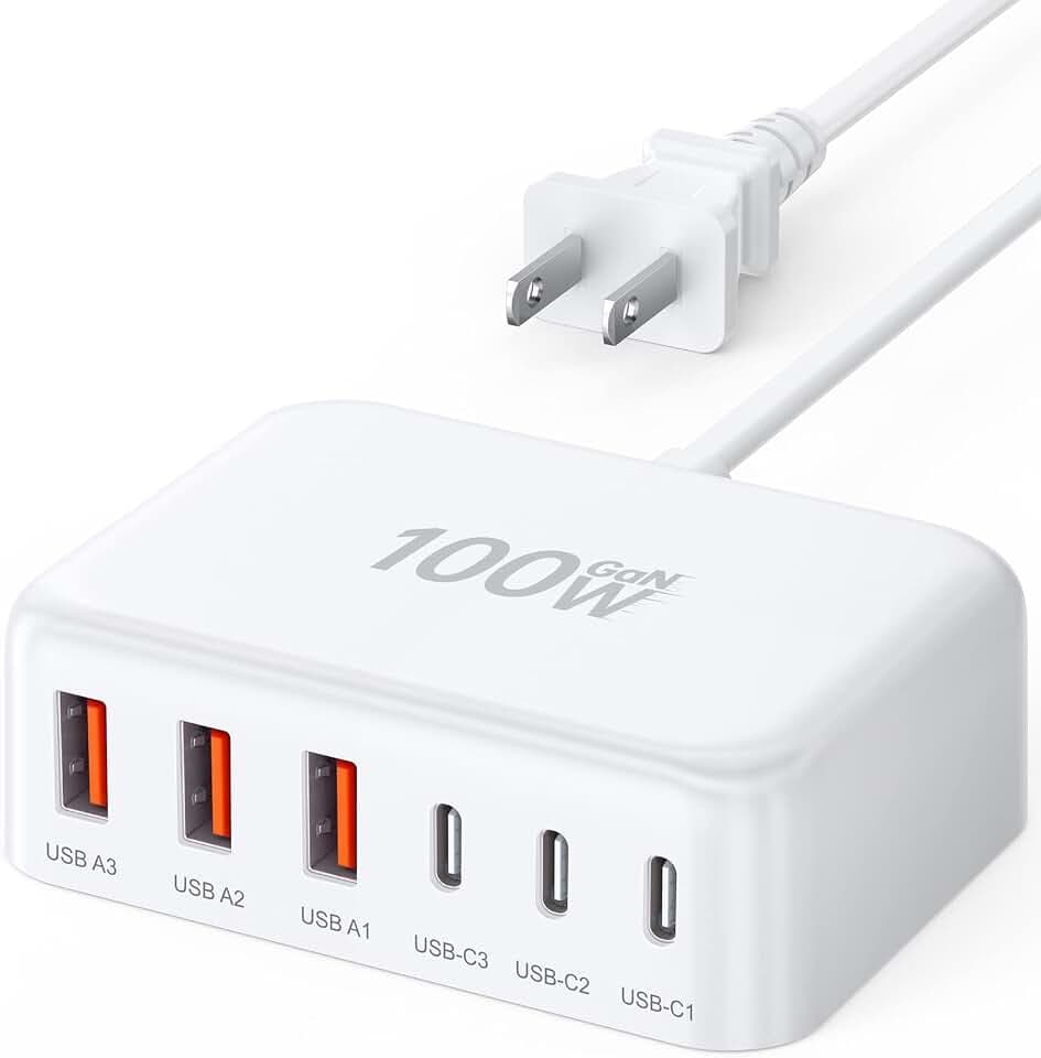 USB Fast Charger Block 50% Smaller 100W Max 6-Port GaN USB Charging Station