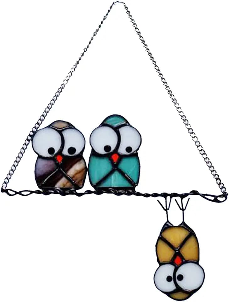 Multicolor Owls on a Wire Stained Glass Suncatcher Panel, Gifts for Women