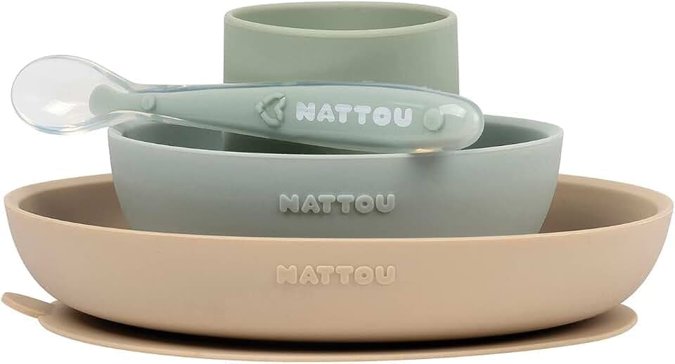 Nattou Silikon-Geschirr für Kinder, 4-tlg., 1 Löffel, 1 Becher, 1 Teller, 1 Schale, Rutschfest, BPA-frei, Silicon, Grün/Beige