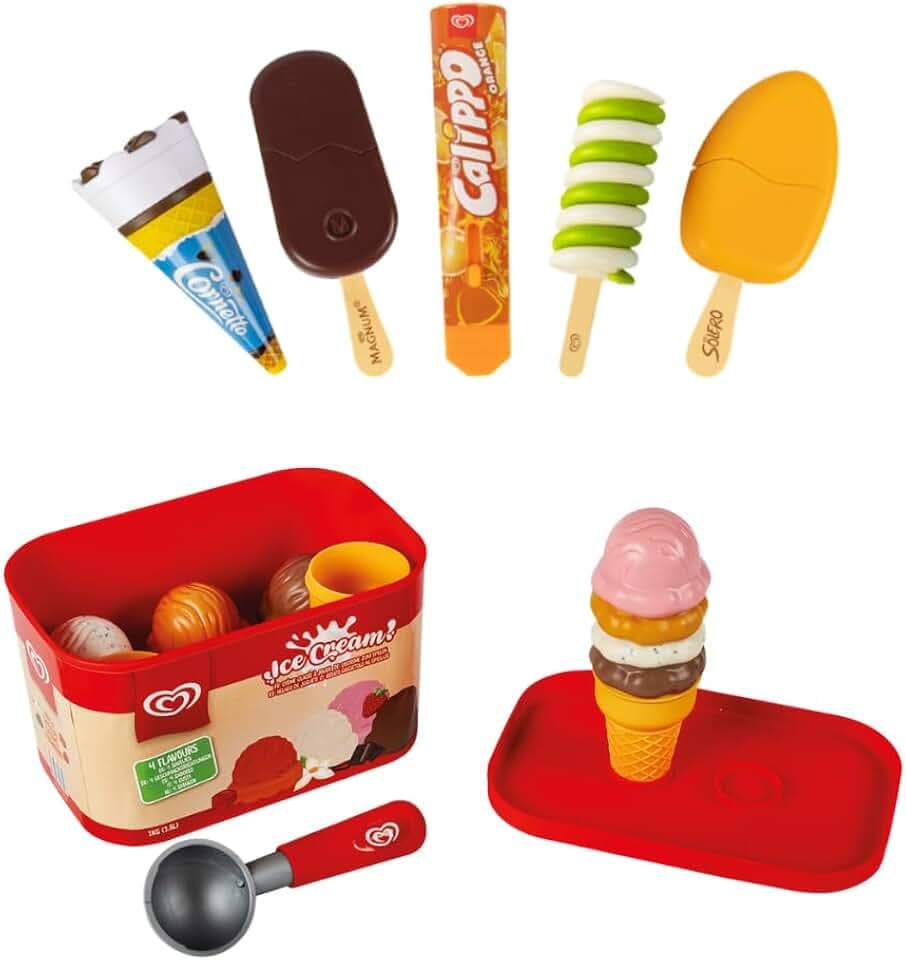 Langnese Großer Eiscremebehälter & Spielzeugs-Eiscreme-Set von Casdon | Spielzeug-Eisdiele - Rollenspielset mit Portionierer & 5 Spielzeuge-Eissorten