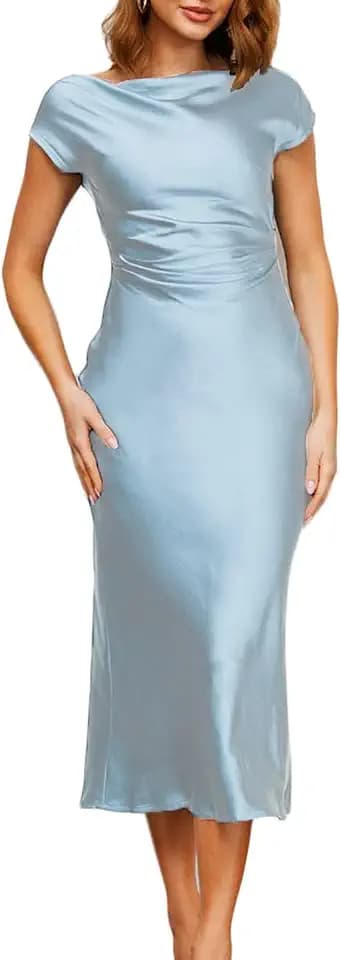Gmeitoey 2023 Satin Cap Sleeve Cowl Back Summer Dresses for Women Elegant Ruched Waist Wedding Guest Midi Dress Emerald…