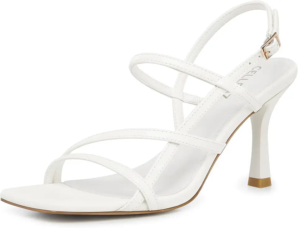 CELLENZ Women Strappy High Heels: Square Open Toe Slingback Sandals, Dressy Sexy Comfortable Kitten Heeled, Prom Party Wedding Black White Gold Nude