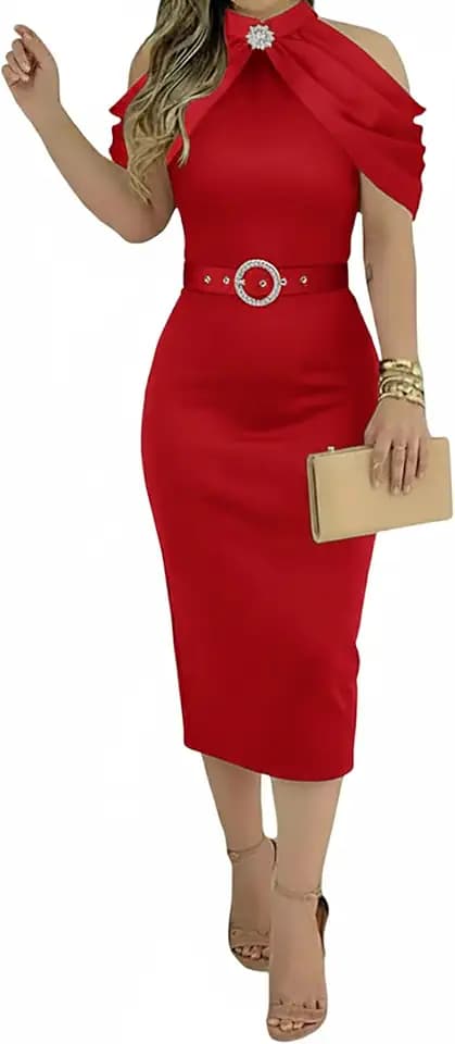 CHICME Women's Halter Bodycon Midi Dress with Belt