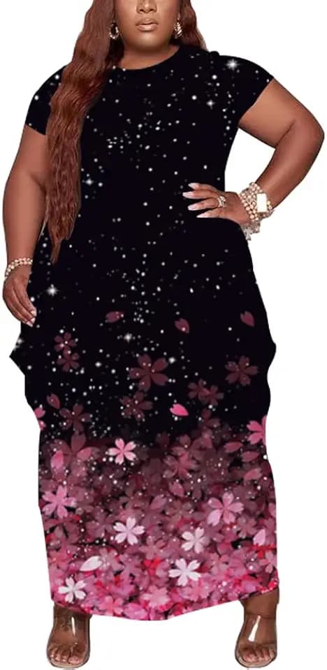 YeGine Oversize Tshirt Dress Plus Size Short Sleeve Maxi Dress with Pockets