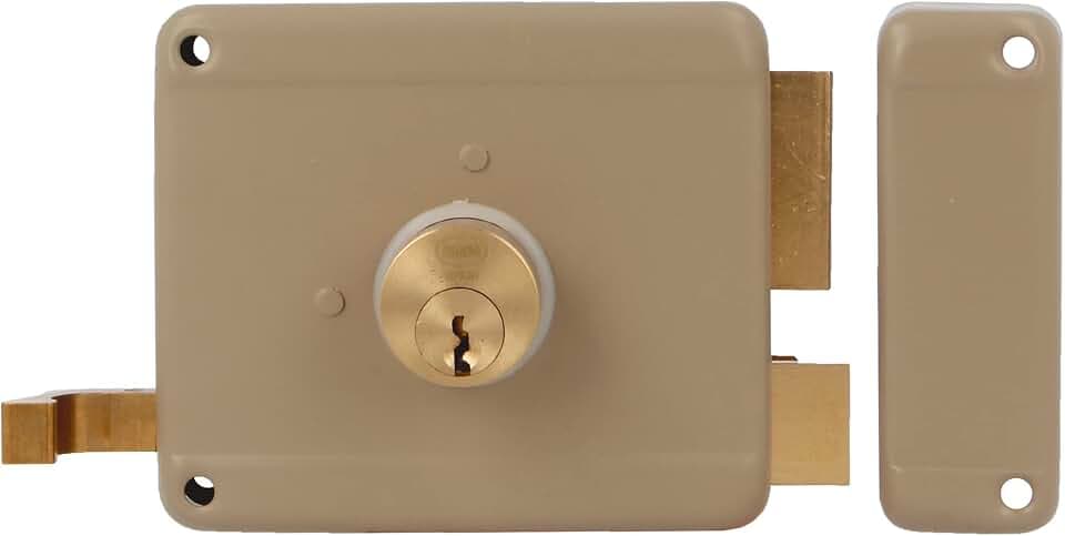 Amig - Aufschraubschloss DIN rechts mit Schließhebel, Falle und Ziehgriff für Holztüren Mod. 77-100 x 85 mm - Riegel mit rundem Zackenzylinder - Stahl beige