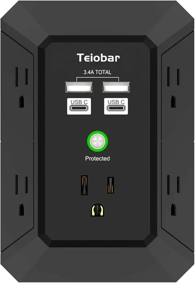 Wall Charger, Surge Protector, Teiobar 5 Outlets and 4 USB Ports(2USB-C)