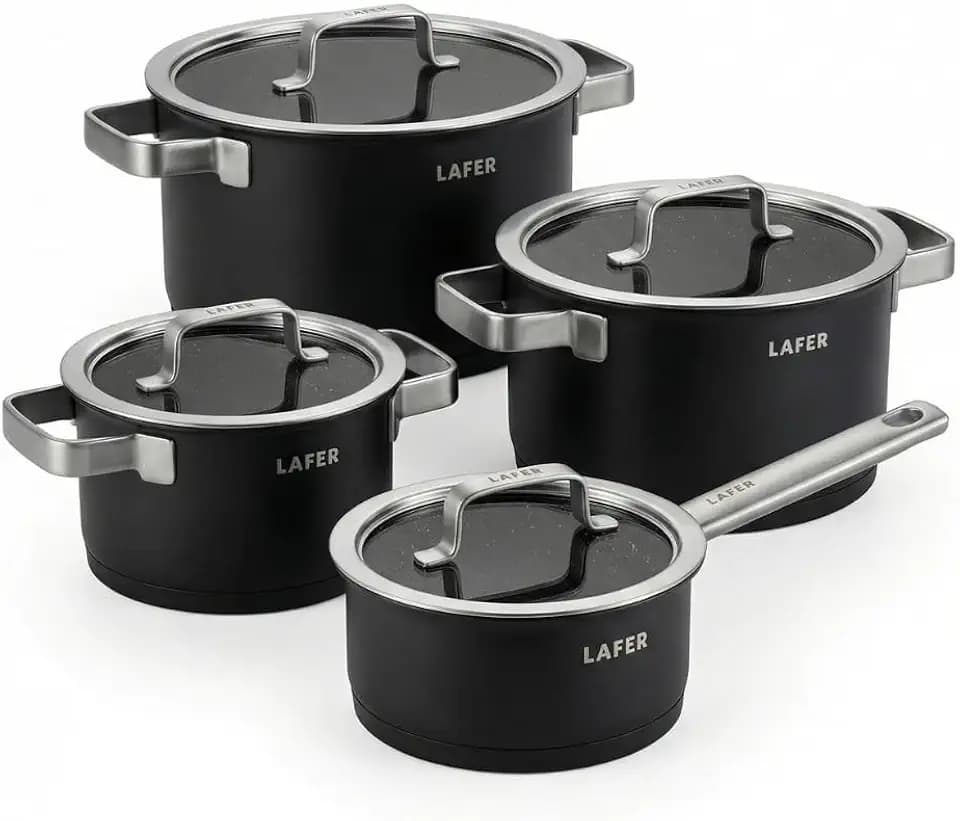 Johann Lafer Topfset 4-teilig Signature Edition – Edelstahl 18/10 Kochtopf Set mit Glasdeckel, energiesparender Kapselboden, für alle Herdarten inkl. Induktion, backofenfest, spülmaschinengeeignet