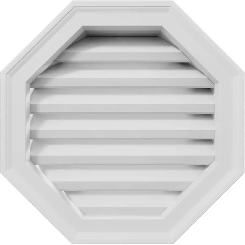 TrueCraft PVC Octagonal Fixed Louver Gable Vent, 16"W x 16"H RO Size (18"W x 18"H Overall Frame Size), WM180 Brickmould Trim Frame, Recessed Louver Box, Functional