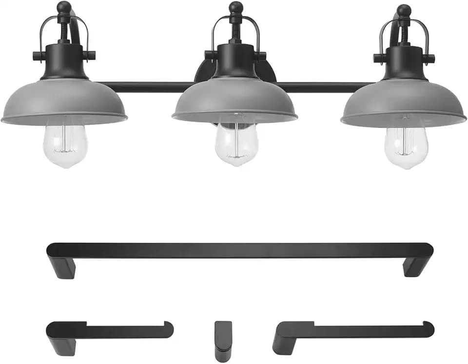 Globe Electric 52065 Gladstone 5-Piece All-In-One Bathroom Set, Matte Black, 3-Light Vanity Light with Matte Gray Metal Shades, Towel Bar, Towel Ring, Robe Hook, Toilet Paper Holder