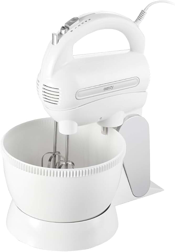 Camry CR 4213 Handmixer mit Rührschüssel, 600 W, 5 Geschwindigkeiten Turbo, Rührständer mit Knethaken und Rührhaken aus Edelstahl im Set, elektrischer Handrührer, Rührmaschine, Weiß